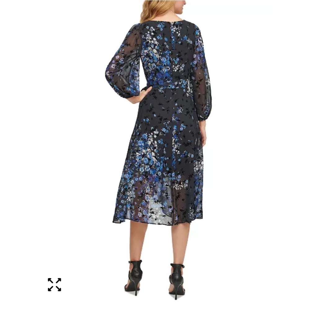 DKNY Womens Blue Floral Faux Wrap Midi Dress Long Sleeve Burnout Chiffon Size 12 - Picture 3 of 7